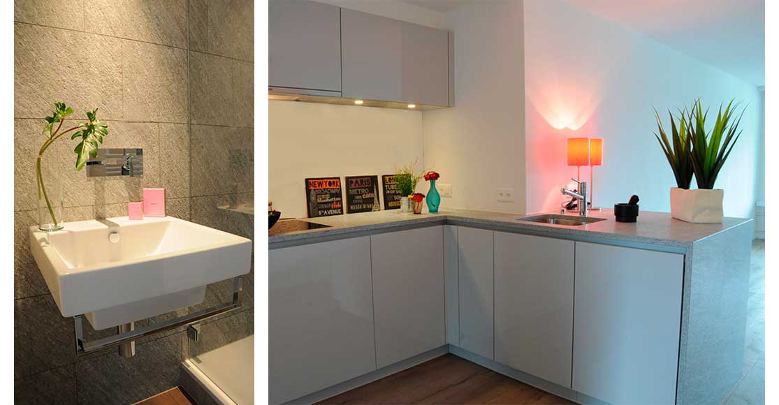 Fotos: links: modernes Lavabo an SolioGranit, rechts, grau Küche mit Dekoration