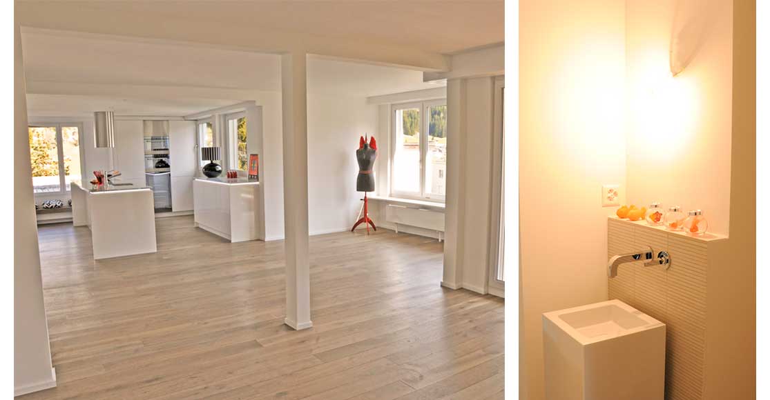 Foto: links: offene Küche weiss, rechts: modernes Lavabo