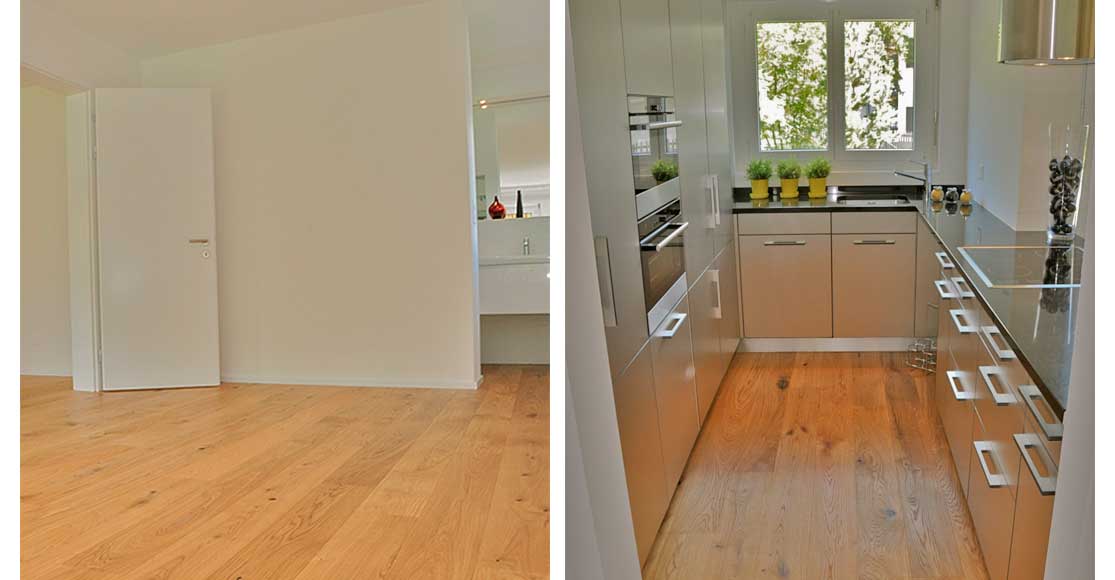 Fotos: links: Schlafzimmer mit Holzboden, rechts: Küche Still Metall auf Holzboden